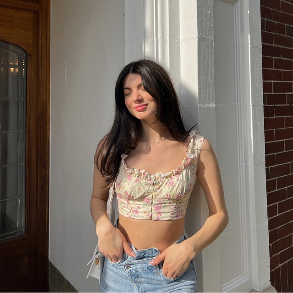 House of CB Tops - House of CB Remy Lemon Foral Corseted Crop Top size S